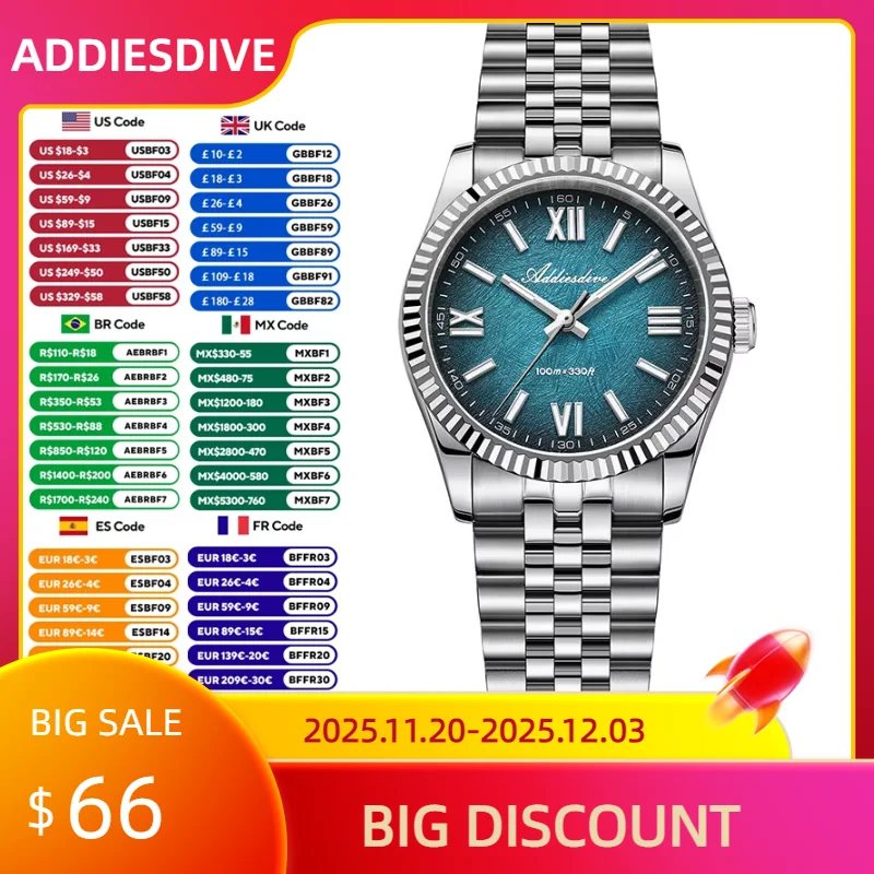 ADDIESDIVE Neue Quarzuhr Für Männer Wasserdicht Edelstahl Leuchtendes Saphirglas VH31 Bewegung BGW9 Leuchtende Analoguhr