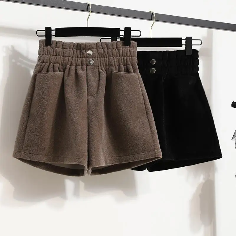 Simplicidade moda outono inverno feminino sólido botão bolsos elástico de cintura alta temperamento solto a linha perna larga shorts de lã