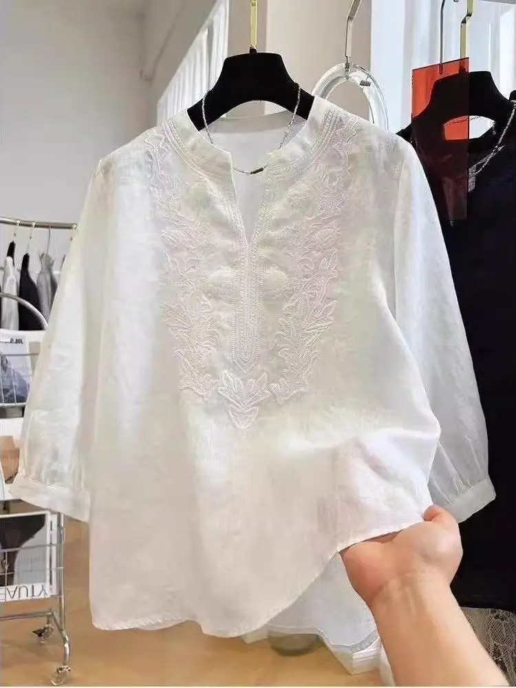 

Elegant Cotton Linen Embroidered Shirt Women's Summer Thin Style Fashionable Top Seven Sleeve Women's Shirt French Style
