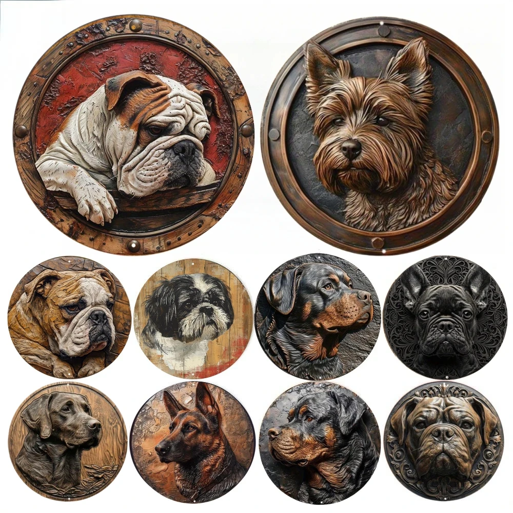 Rundes Metall-Aluminium-Schild, künstliche Prägung, Kranzschild, Wohnzimmer-Dekoration, Muttertagsgeschenke, Dekoration mit französischer Bulldogge
