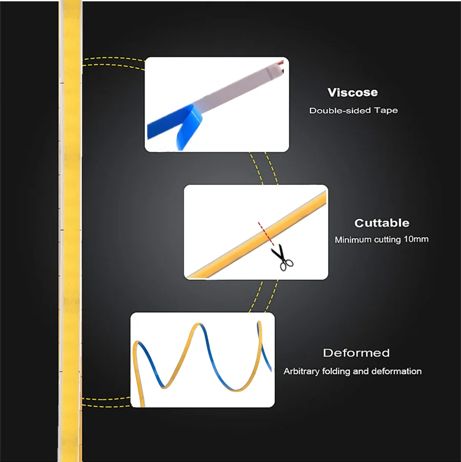 Flexível COB LED Strip Lights, alta densidade, fita, cozinha e decoração do quarto, 3mm, 5mm, 8mm, 10mm, 12V, 24V, 5M, 384, 528 LEDs por M