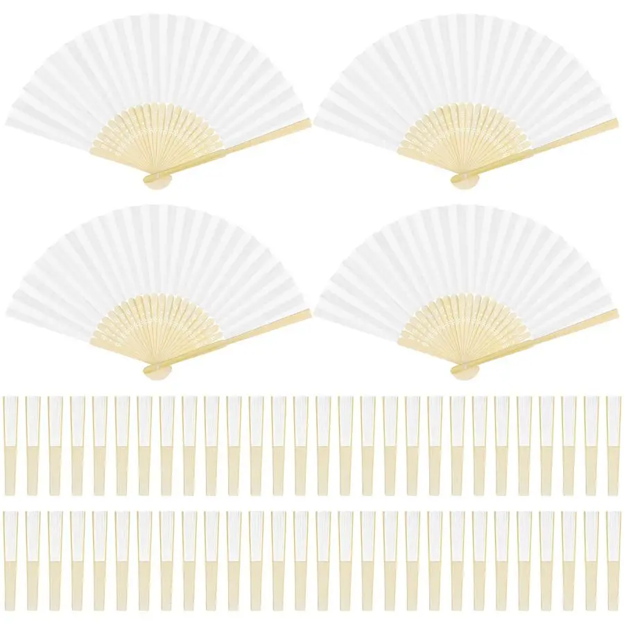

60 штук складных бумажных вееров из бамбука, белые, для свадебных подарков, сувениров для вечеринок, поделок своими руками, украшения дома