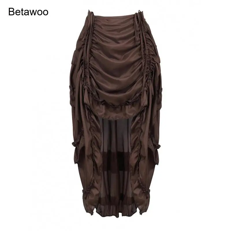 Women Black Gothic High Low Skirt Ruched Ruffled Asymmetrical Steampunk Victorian Midi Skirt