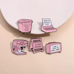 Cartoon Pink Coffee Machine Slow Down Warning Signs Enamel Pins Backpack Lapel MetalBadge Brooches Jewelry Gift Ornaments