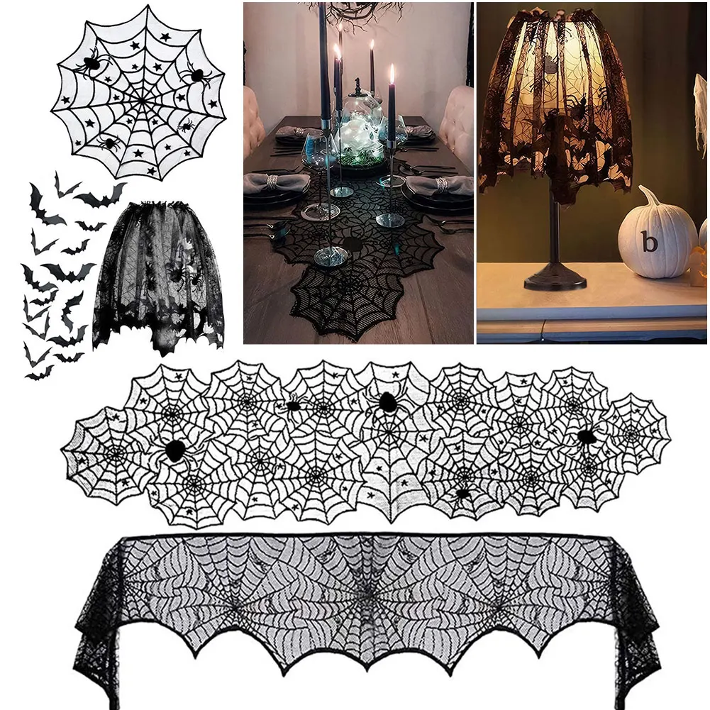 Halloween Spider Web Lace Table Runner and Mantel Scarf for Elegant and Eerie Home Decorations