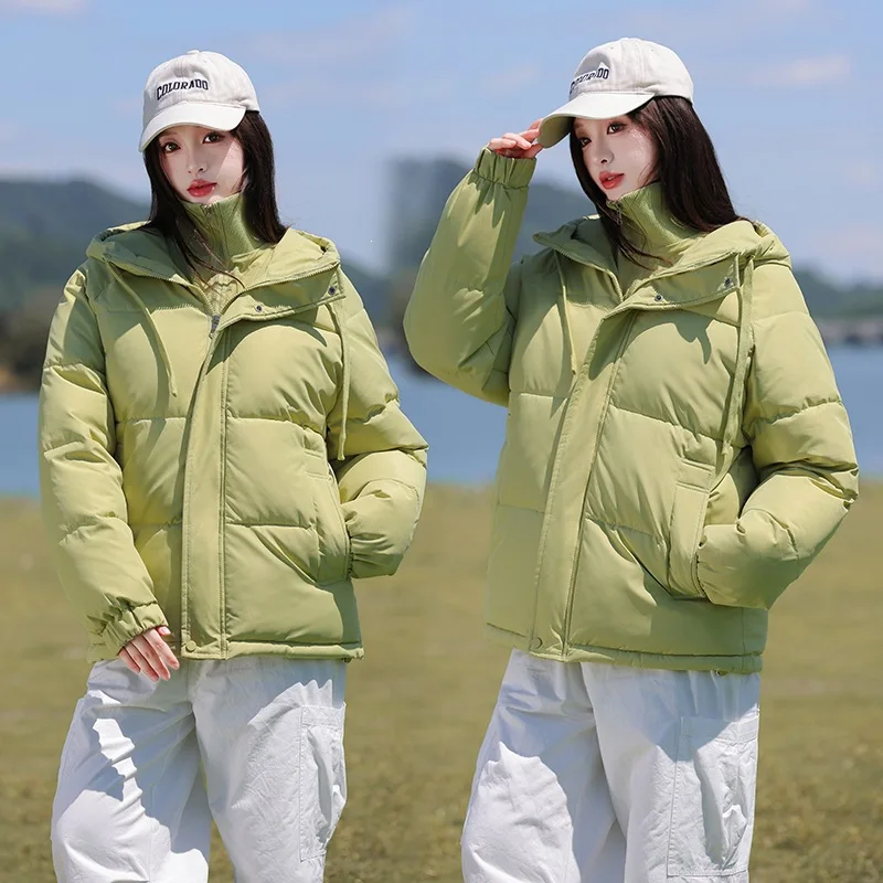 Thick Warm Mock Two‑Piece Puffer Coat Knit Neck Panel Attached Hood Side Patch Elastic Cuffs Windproof Cropped Winter Outerwear