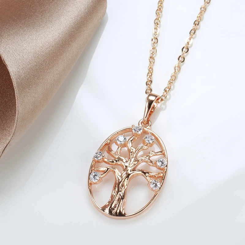 Kinel Hot 585 Rose Gold Color Lucky Tree Pendant Necklace for Women Natural Zircon Pendant For Woman Vintage Daily Fine Jewelry