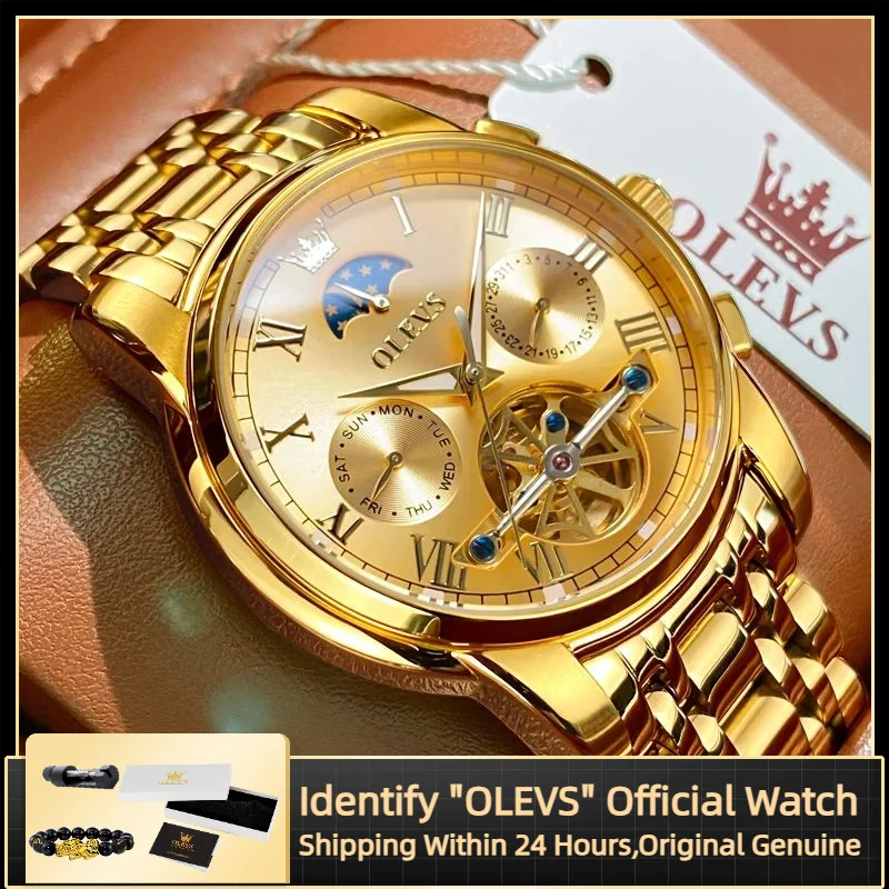 

OLEVS Лучшие роскошные мужские автоматические механические часы, классические водонепроницаемые мужские часы из нержавеющей стали со скелетом и фазой луны6617