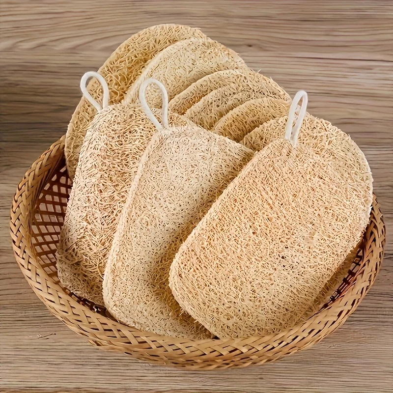 5er-Pack Natürlicher Luffa-Körperpeeling-Schwamm mit Aufhängeschlaufe für Dusche und Bad, 2 Organizer