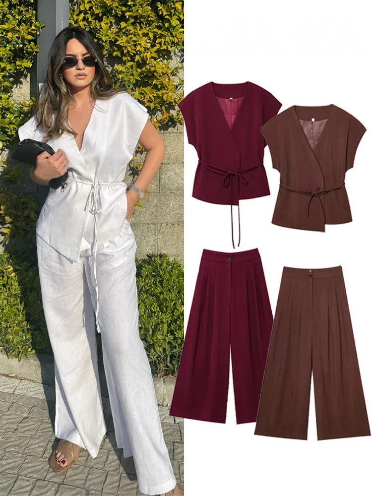 

HH Summer Fashion Women Suit V-Neck Sleeveless Bow Lace-Up Decoration Vest Top+High Waist Zipper Wide-Leg Pants Female Sets