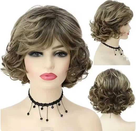 Peluca sintética elegante de pelo ondulado corto y rizado, peluca Bob marrón con separación lateral para mujer, uso diario esponjoso Natural para fiesta de Cosplay