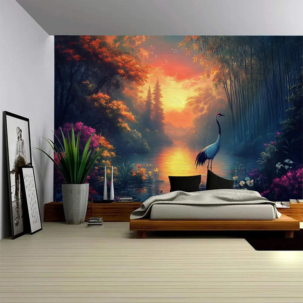 

Forest Lake Crane Printed Polyester Wall Hanging Tapestry Decoration Living Room Bedroom Office Background Cloth Gift