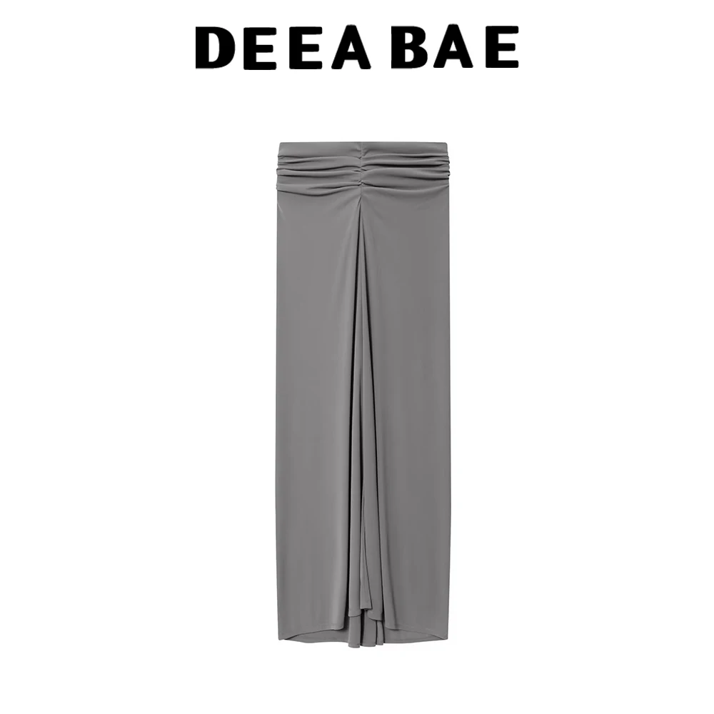 DEEABAE Outono feminino pescoço reto manga comprida costas plissadas joias top plissado cintura média conjunto de saia longa de malha