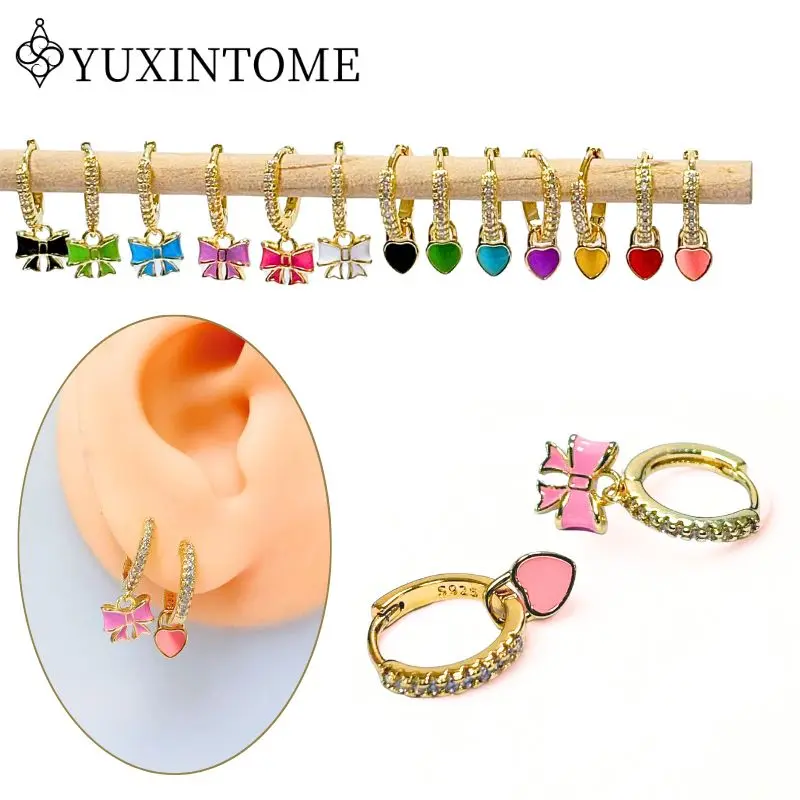 

925 Silver Ear Needles Enamel Heart-shaped/bow Pendant Micro-paved Zircon Hoop Earrings Cute Girls Earrings Gift Fashion Jewelry