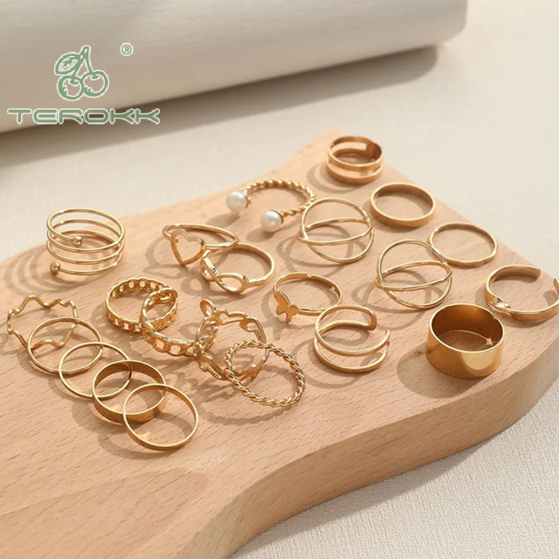 Imitation Pearl Leaf Flower Rings Set For Women Punk Vintage Geometry Finger Ring Metal Knuckle Finger Ring Jewelry Gifts image 3