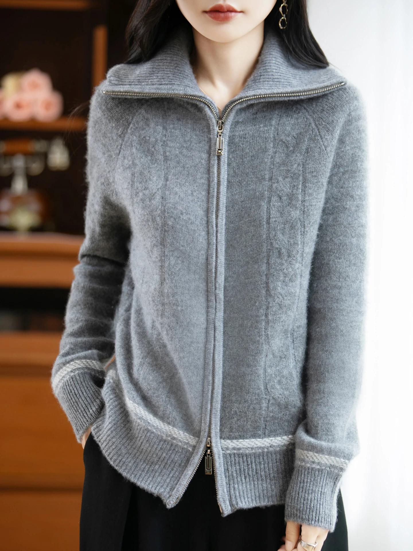 

Women's Turtleneck Zip Up Autumn Winter 100% Merino Wool Vintage Double Zipper Knitted Cardigan Sweater Smooth Texture Clothing