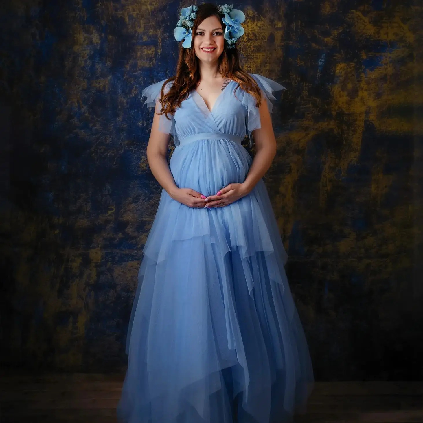 Morden Sky Blue Maternity Dresses Morden Empire Tulle Prom Gowns Photography Sleeveless TIered Robes Floor Length Baby Shower