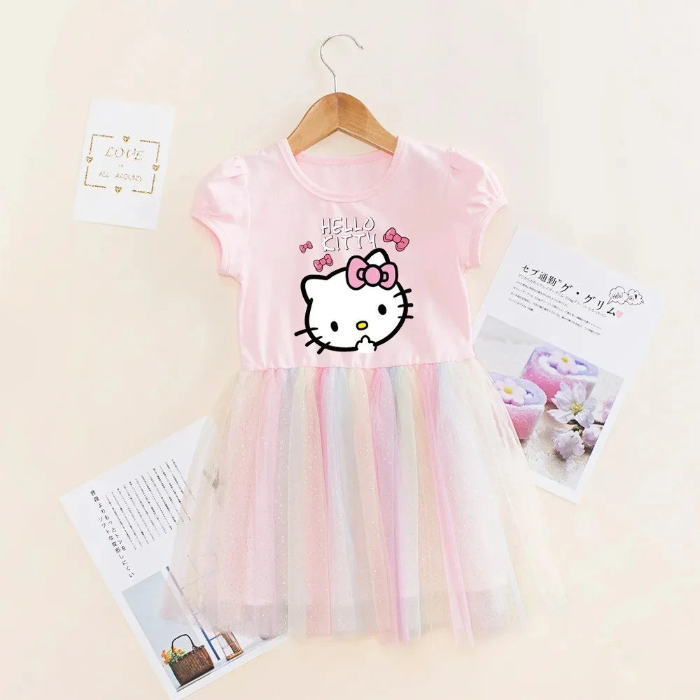 Children Clothing Kid Sanrio Hello Kitty Dress Summer Cute Baby Girls Short-Sleeved  Rainbow Mesh Princess Party Costume Vestido