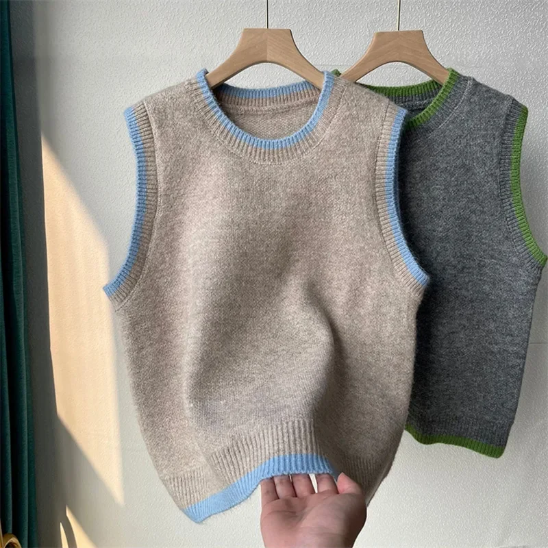 Spring and Autumn New Striped Trim Contrast Color Round Neck Wool Sweater Vest Gray Khaki Women's Winter Tank Top Loose Vest