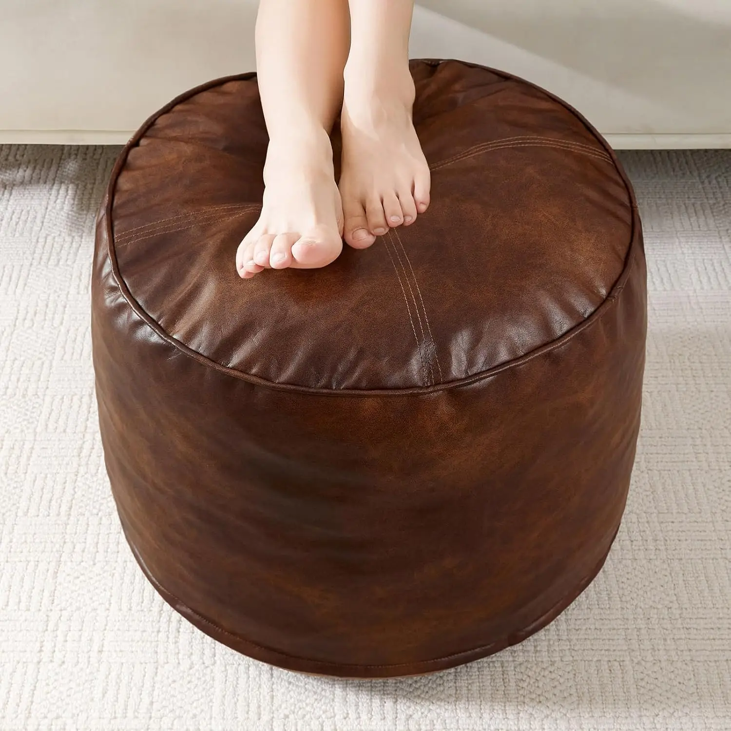 

Round Stuffed Pouf Ottoman, Pu Leather Poufs with Foam Chunk Filling, Furry and Fluffy Pouf Foot Stool Storage Ottoman,