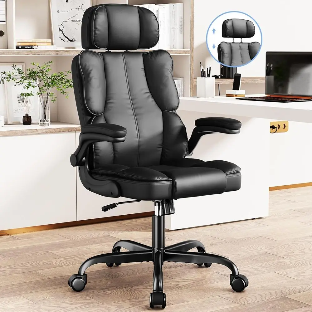 

Leather Office Chair, Computer Chair with Thick Cushion & Lumbar Support, Ergonomic Desk Chair with Adjustable Headrest & Armres