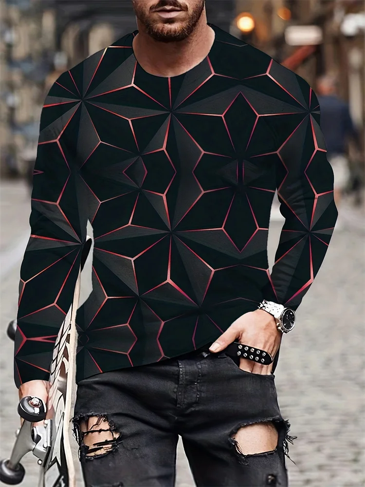 Men's Colorful Abstract Long Sleeve T-Shirt Psychedelic Flame Graphic Tee Swirl Streetwear Casual Pullover Tops Gift New