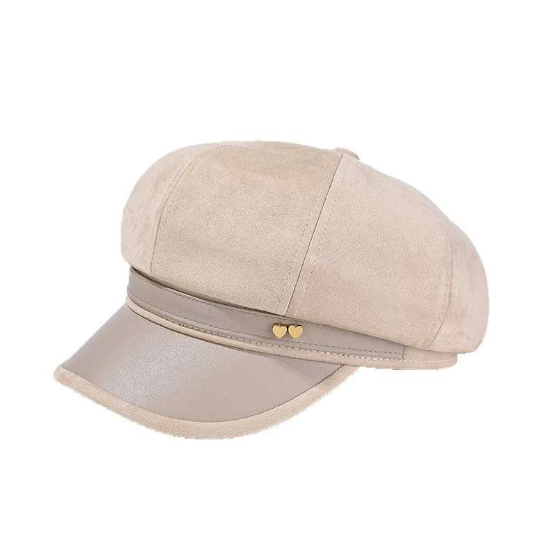 

High Quality Suede Women Octagonal Hat Autumn Winter Retro Short Eave Painter Hat Small Face Versatile Newsboy Hat 4m991