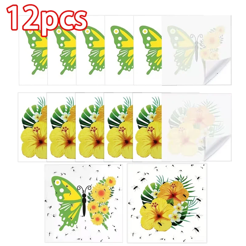 12pcs Removable Flower and Butterfly Window Stickers Window Fly Stickers Sticky Fruit Fly Trap Indoor Plant Fly Catchers Home