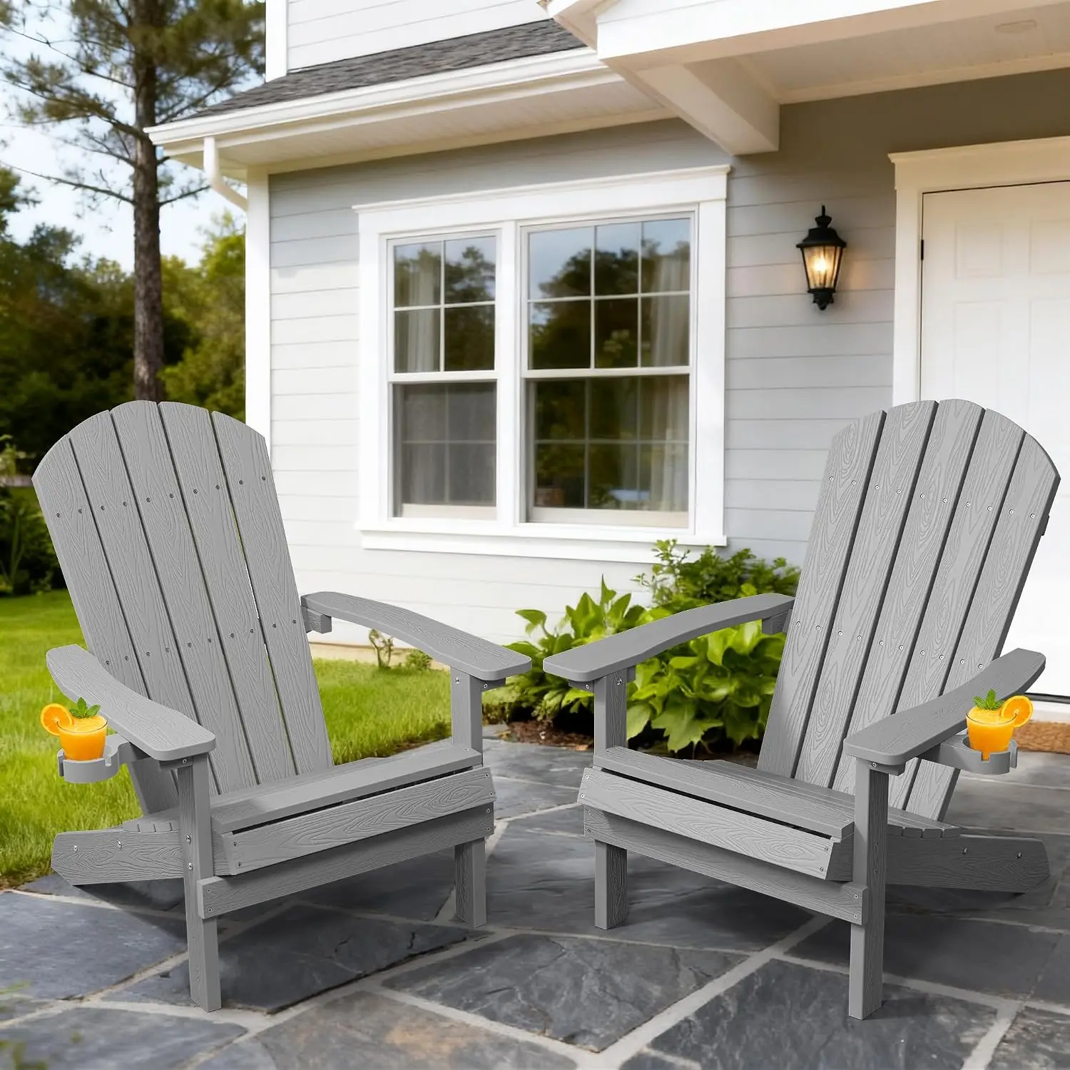 Weather Resistant Adirondack Chair Set of 2 with Cup Holder, HIPS Plastic Fire Pit Chair with Wood Texture, Customized