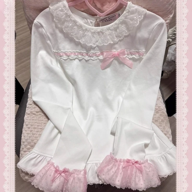 Women Japanese Kawaii Lolita Style Blouses Sweet Bow Lace Ruffles O-Neck Long Sleeve Tees Girls Casual Y2k Princess Shirt Tops