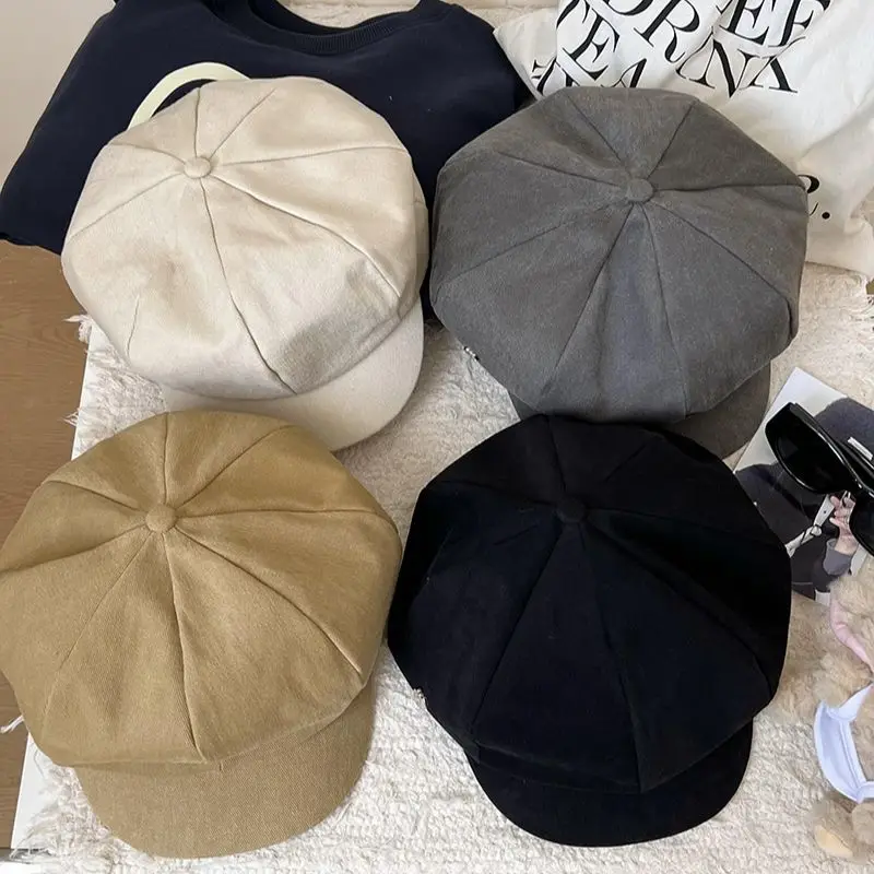 INS Metal Patches Newsboy Beret Caps for Women Octagonal Cap Pure Color Adjustable Rope Baker Boy Painter Hat Boinas Para Hombre