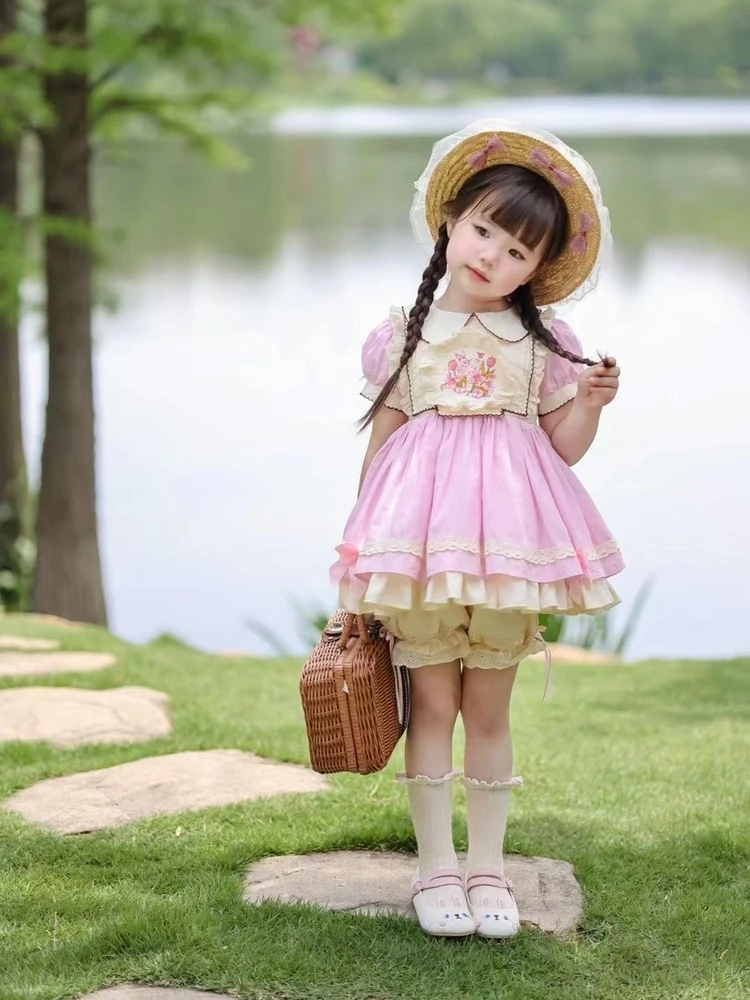 Summer New Garden Rabbit Pink Dress Pastoral Princess Cotton Dress+short 2pcs Flower Girl EID Dresses for Weddings