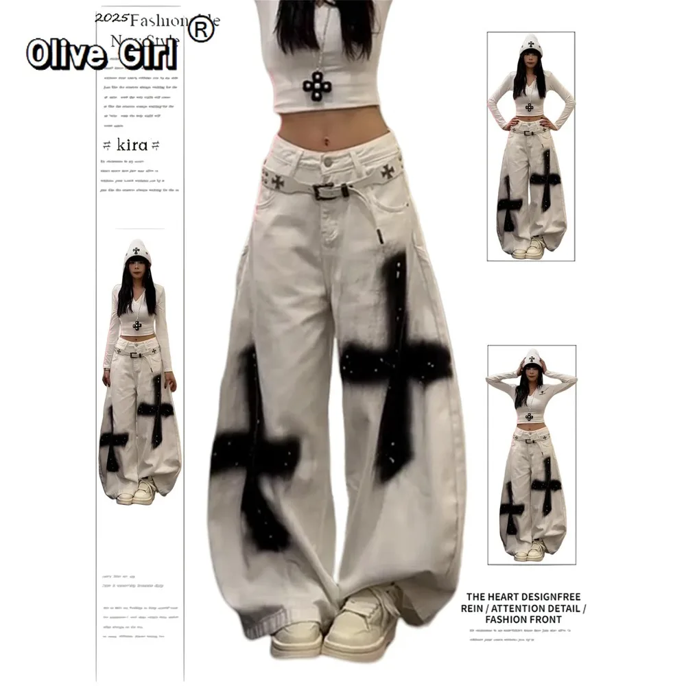 Y2K Women's Jeans  High Waist Super Wide Leg Baggy Pants White Black Cross Graffiti Studded Gothic Streetwear Denim Trousers