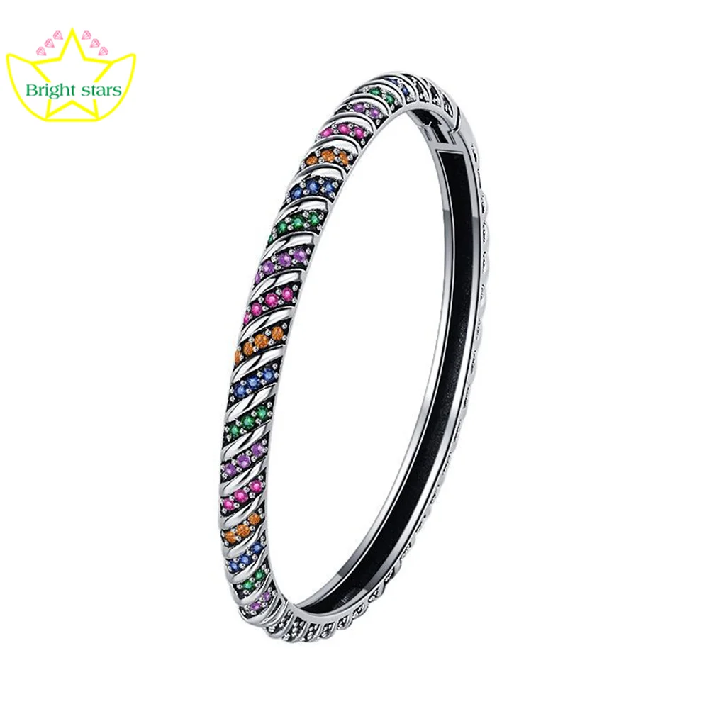 

Bright Stars s925 Sterling silver geometric colorful Tribal elements diamond bracelet Thai silver thread bracelet