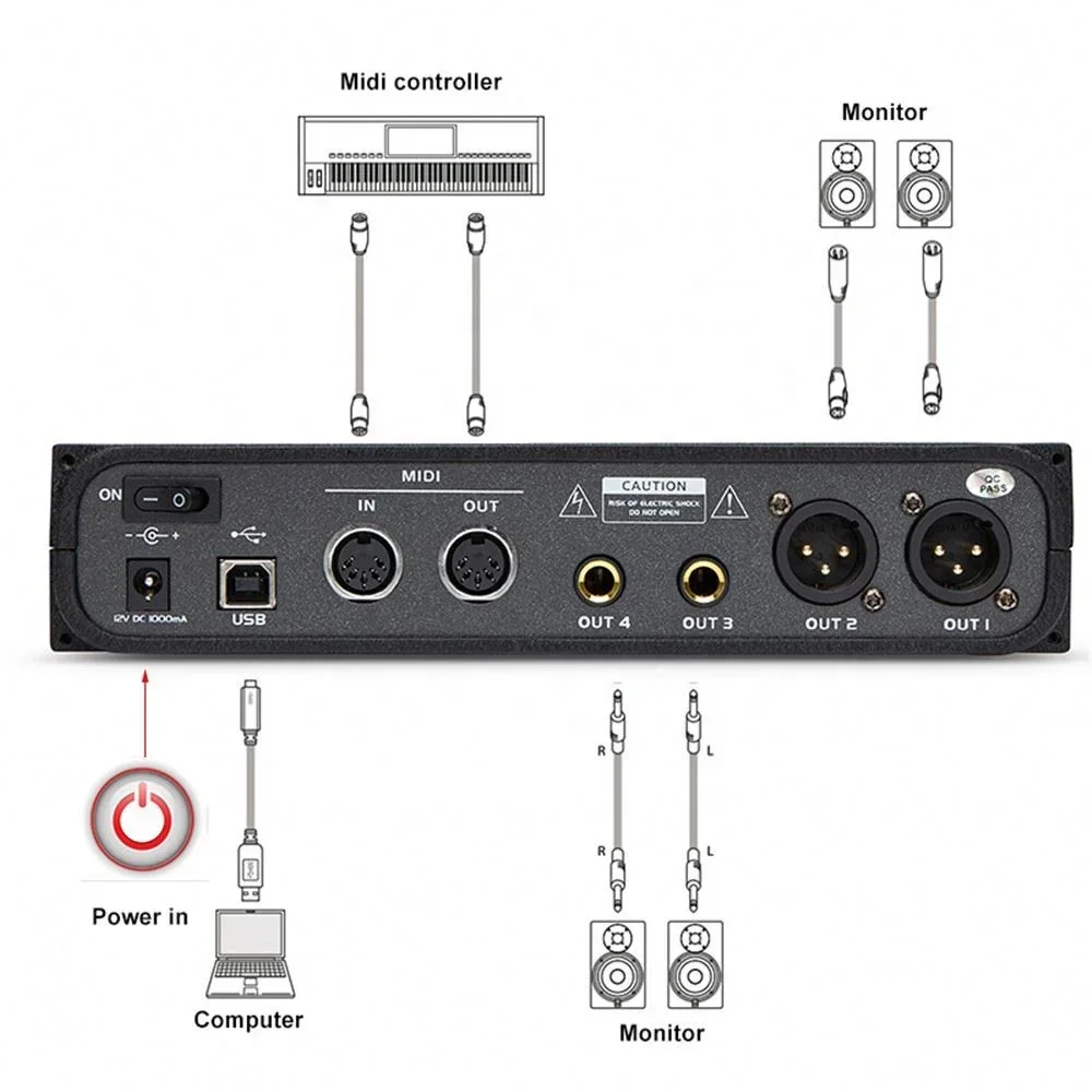 

Hot Selling Sound Card 4 Channels with 48V Phantom Power Supply for Studio Recording