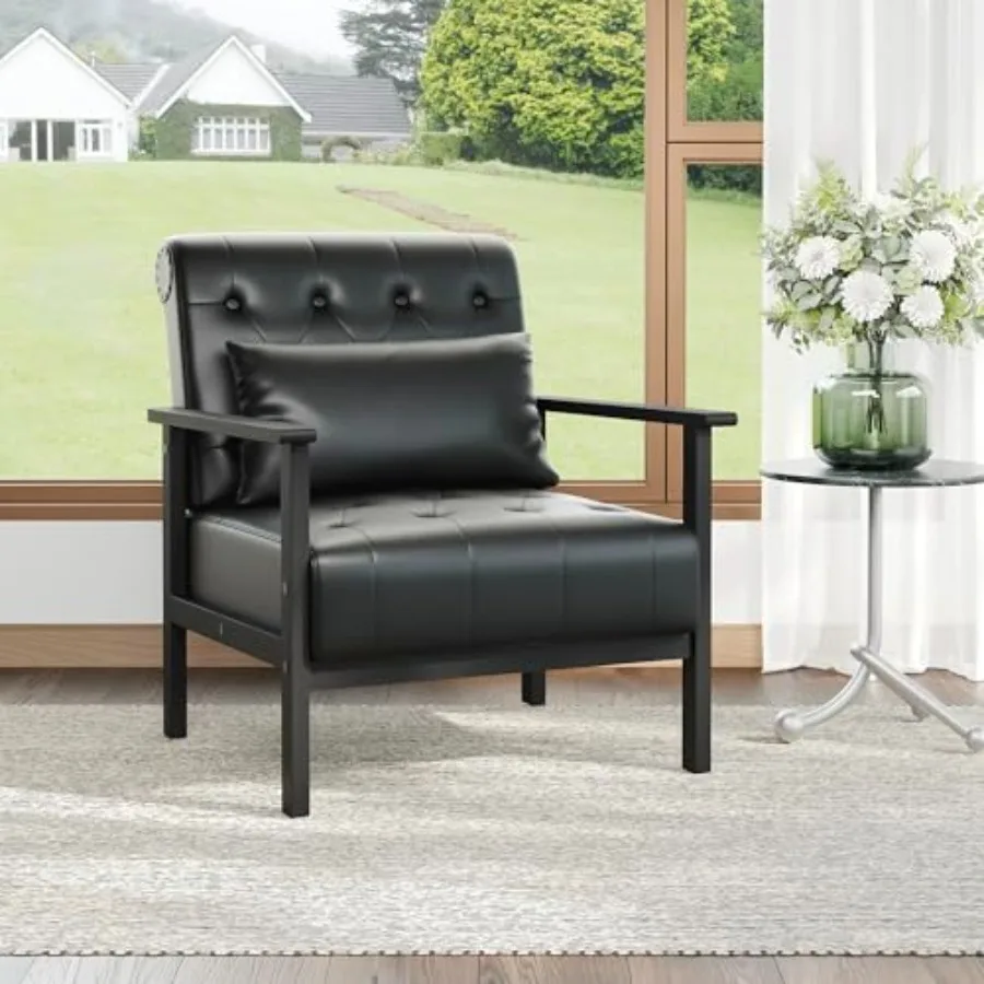 Black Leather Accent Arm Chairs Modern Chairs for Office Side Chairs for Living Room with Pillow Comfy Reading Chair for Bedroo