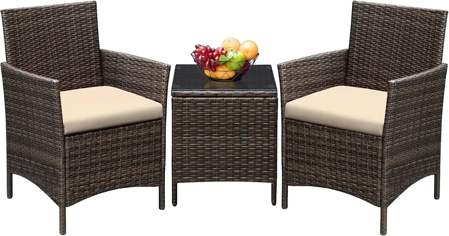 

3 Pieces Patio Furniture Sets Outdoor PE Rattan Wicker Chairs with Soft Cushion and Glass Coffee Table for Garden Backyard
