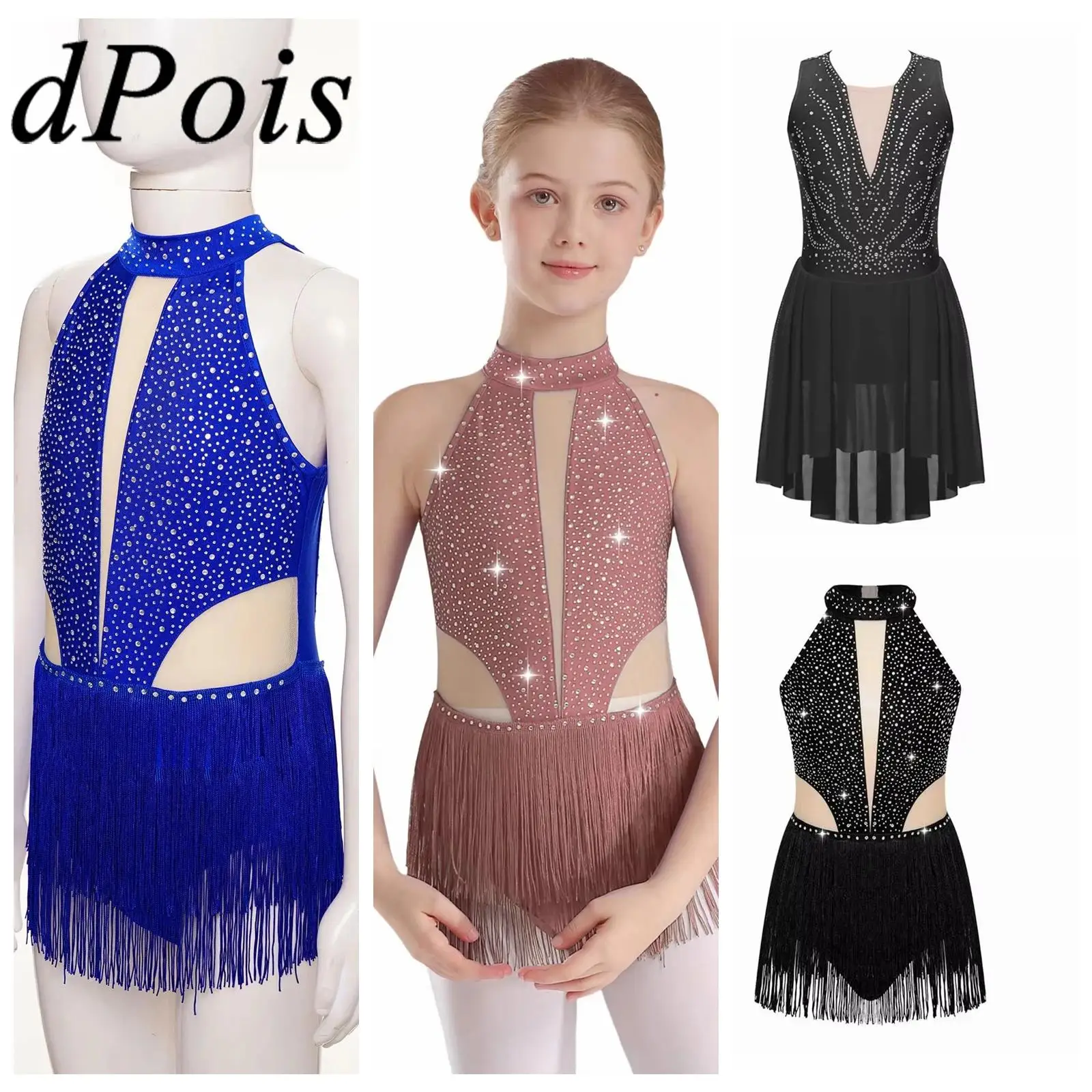 Crianças meninas brilhante strass ginástica artística patinação artística traje ballet camisa desempenho lírico vestidos de dança latina