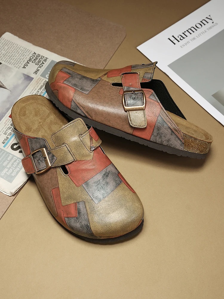 Unisex Cork Closed Toe Slippers Slip-on Clogs Slides Fashion Leather Sandals with Adjustable Buckle Backless Comfort Footbed