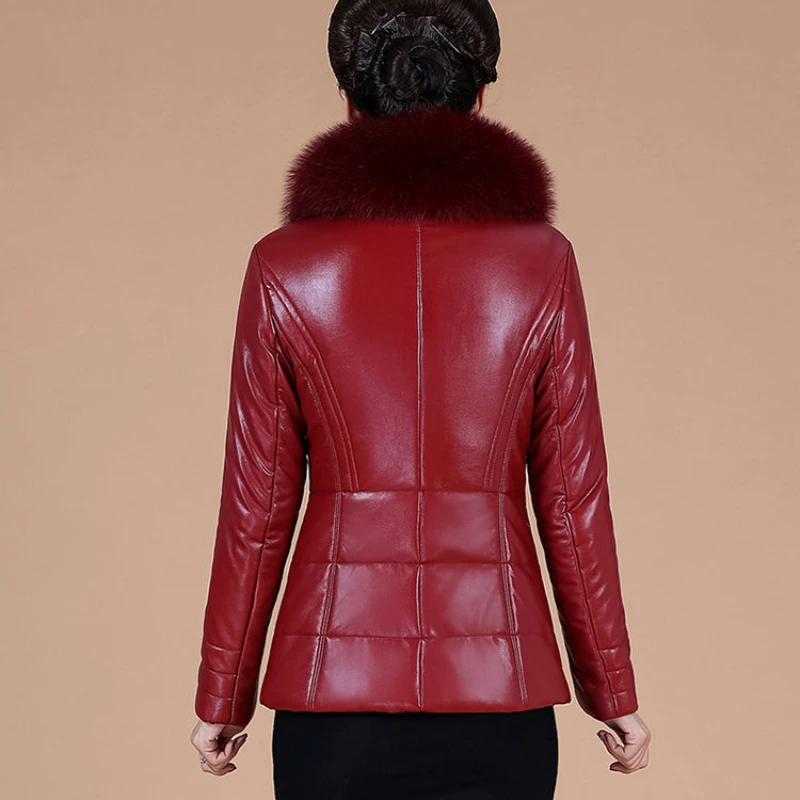 2023 Winter New Middle-Aged Women Short Leather Coat Big Fur Collar Thick Thermal Slim Outwear Fashion Casual Solid Color Jacke