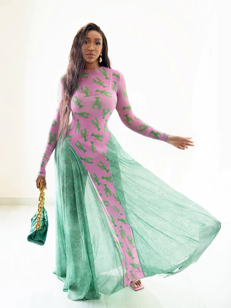 فستان ماكسي أنيق مثير من Kliou فستان نسائي شبكي مرقع بألواح مطبوع بأكمام كاملة وتصميم متباين بحاشية منتصف الليل فساتين أنيقة