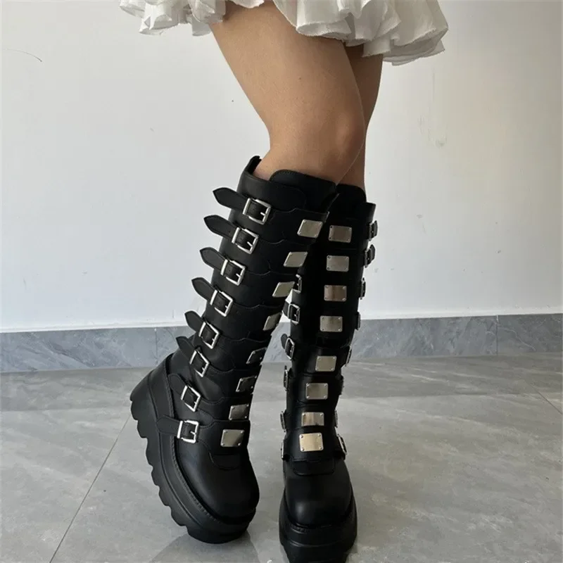 2023 New Fashion Spring Autumn Knee High Boots High Rainbow Wedges Chunky Platform Comfy Walking Gothic Style Women Shoes