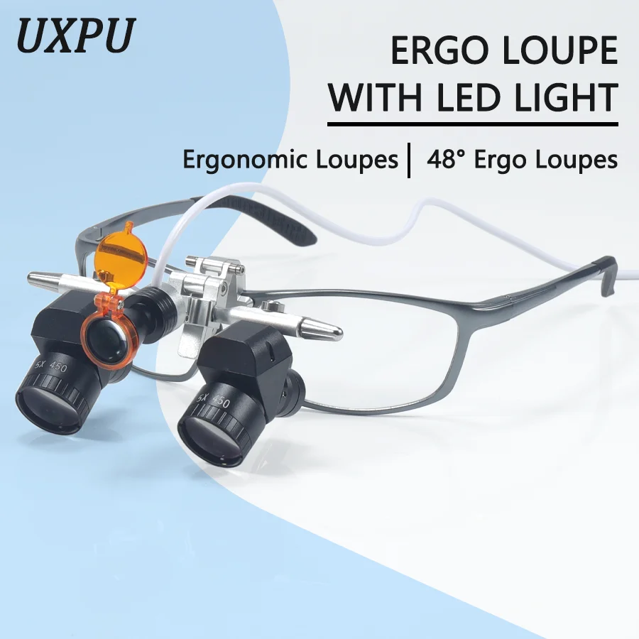 5X Dental 48 ° Ergo Loupes Working Distance 350-550mm Surgical Head Mounted Loupes, 5W LED Headlamp Adjustable PD Optical Loupes