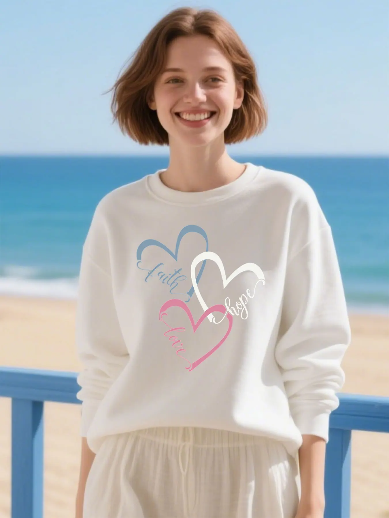 Unisex Soft Cotton Sweatshirt With Faith Hope Love Hearts Print Comfortable Classic Casual Birthday Gift