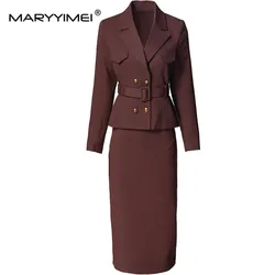 MARYYIMEI Women's Elegant Office and Business Suit Long Sleeved  Double-Breasted Tops+ Slim-Fit Hip Wrap Skirt 2 piece set