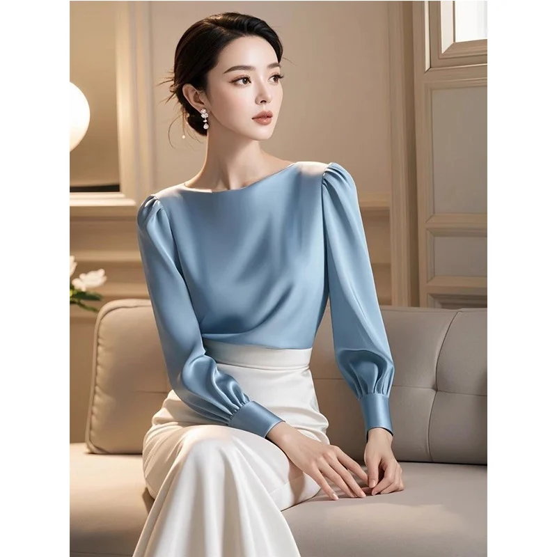 Primavera Autunno Semplicità Elegante Pieghettato Slash Neck Camicie a maniche lunghe Donna Temperamento Tinta unita Camicie in raso Donna Top Tee