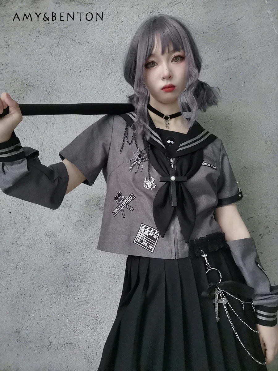 Japanese Jk Uniform Original Design Broken Sleeve Removable Bad Short Sleeve Sailor Collar Top Suit Dark Pleated Skirt Suit Girl