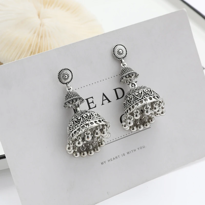 Indian Oxidized Jewelry Women\'s Gold Silver Color Big Bell Jhumka Earrings Ethnic Gypsy Tassel Alloy Drop Earing Tibetan Jewelry