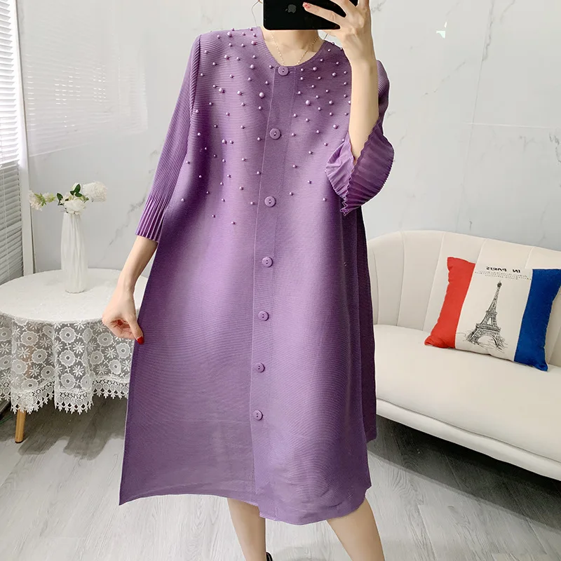 

Miyake Style Pleated Dress for Women 2023 Summer Solid Color Fashion Beaded Bell Sleeve Single Breasted Loose Oversized Cardigan