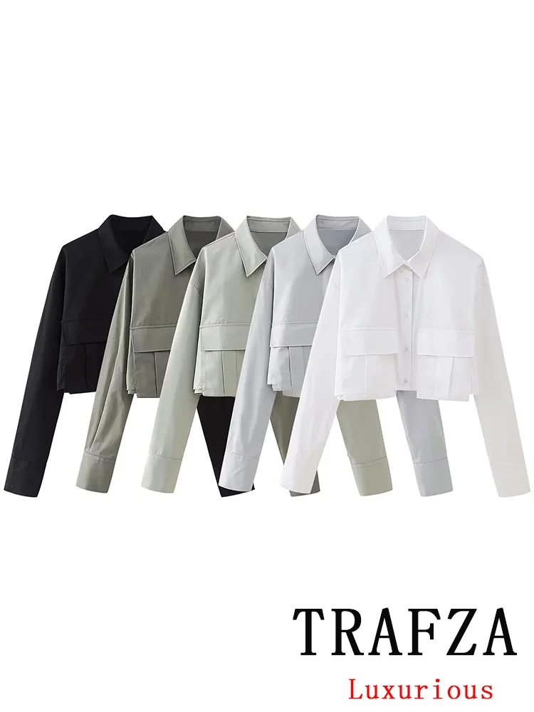 TRAFZA Causal Chic Women Blouse Solid Long Sleeve Single Breasted Pockets Short Blouse Fashion 2024 Spring Female Shirts Tops